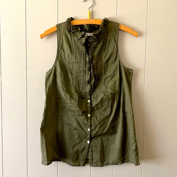 Old Navy Army Green Ruffle-Collard Button-Down Blouse 100% Cotton EUC Size XS - Picture 1 of 7